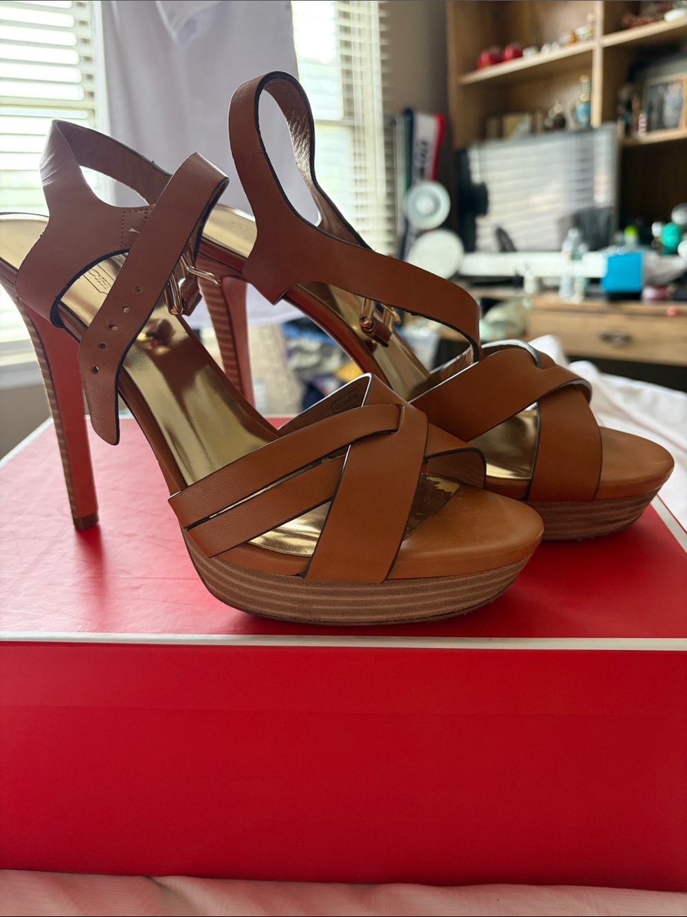 Coach Dani Tan Leather Platform High Heel Sandals - 8.5